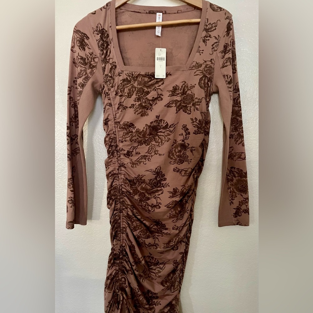 ANTHROPOLOGIE taupe dress with black floral design. Size Small
